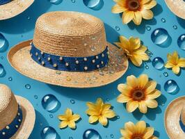 A Group Of Hats And Flowers On A Blue Surface. AI Generated photo