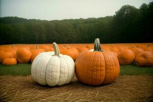 Two Pumpkins Are Sitting In A Field Of Pumpkins. AI Generated photo