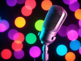 A Microphone With Colorful Lights In The Background. AI Generated photo