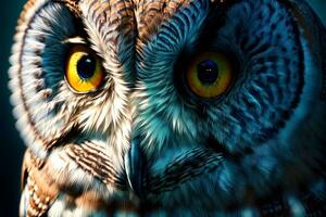 A Close Up Of An Owl With Yellow Eyes. AI Generated photo