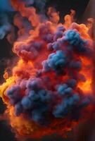 Explosion of colors smoke on a dark background. 3d rendering. Generative AI photo