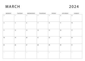 marzo 2024 calendario. lunes comenzar. mensual planificador modelo. vector diseño