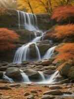 autumn, beautiful flowering trees in full bloom Dry leaves on the ground beside the waterfall. AI Generative photo