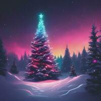 mágico Navidad árbol en el bosque con brillante luces foto