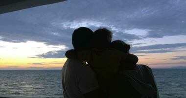 Son is hugging mother and father against sea sunset video
