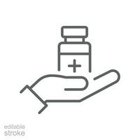 obtener vacuna, botella, mano línea icono. salud médico vitamina botella o inmunización y vacunación. medicamento. vacuna proteccion editable carrera vector ilustración diseño en blanco antecedentes eps 10