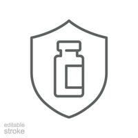 Vaccine protection, save shield, bottle line icon. Vaccination program, immunization medical health. bottle of vaccine on shield. Editable stroke vector illustration design on white background EPS 10