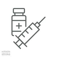 Vaccination Syringe immunization line icon. coronavirus covid-19 pandemic vaccine ampoule. Bottle with a solution for injection Editable stroke Vector illustration design on white background EPS 10