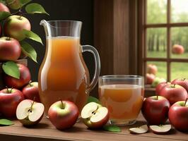 A Pitcher Of Apple Cider Next To A Glass Of Apple Cider. AI Generated photo