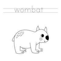 Trace the letters and color cartoon wombat. Handwriting practice for kids. vector