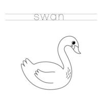 Trace the letters and color cartoon swan. Handwriting practice for kids. vector