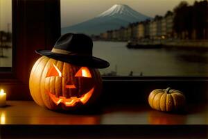 A Couple Of Pumpkins Sitting On Top Of A Window Sill. AI Generated photo