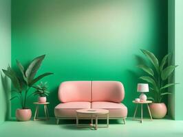 A Living Room With Green Walls And A Pink Couch. AI Generated photo