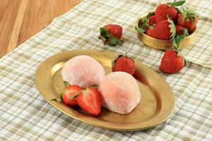 Japanese Confectionery Ichigo Daifuku, Round Glutinous Rice Dessert photo