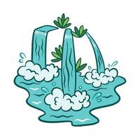 Three sourced natural flowing water with one rock and a few plant decorations colored waterfall stream vector icon illustration outlined isolated on square white background. Simple flat cartoon styled