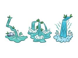 Three colored waterfall vector icon illustration outlined isolated on square landscape horizontal background. Simple flat cartoon comic art styled natural scenery drawing.