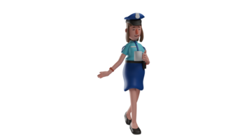 3d illustratie. kalmte Politie vrouw 3d tekenfilm karakter. politievrouw Holding een glas van drankje. een zoet politieagent wie wandelingen met zijn blik verlaagd. 3d tekenfilm karakter png