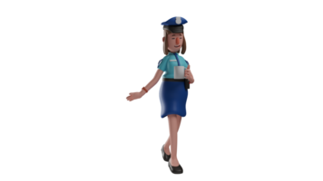 3d ilustración. calma policía mujer 3d dibujos animados personaje. mujer policía participación un vaso de beber. un dulce policía quien camina con su mirada bajado 3d dibujos animados personaje png