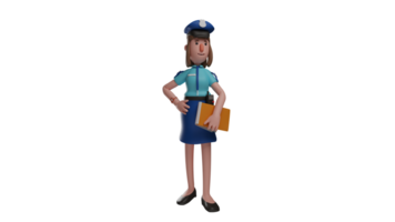 3D Illustration. Police woman 3D cartoon character. Police woman carry a yellow notebook. Beautiful police wear complete uniforms and wear watches. 3D cartoon character png