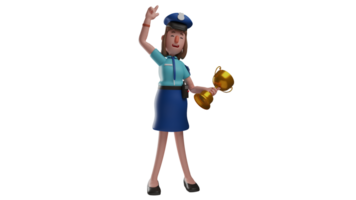 3D Illustration. Young Policewoman 3D cartoon character. The happy policewoman while lifting his golden trophy. The beautiful policewoman raised one hand while laughing. 3D cartoon character png