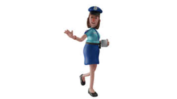 3D illustration. Charming Police Woman 3D cartoon character. Policewoman holding a glass of drink. A beautiful policeman who waves his hand at someone he meets. 3D cartoon character png