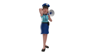 3d illustration. charmant femme policier 3d dessin animé personnage. une police femme officier parle en utilisant une conférencier. le sucré flic points un main avant. 3d dessin animé personnage png