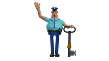 3d ilustração. a polícia 3d desenho animado personagem. a polícia ficou enquanto segurando uma gigante chave. amigáveis polícia acenou dele mão com uma doce sorriso. 3d desenho animado personagem png