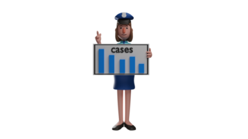 3D illustration. Policewoman Leader 3D Cartoon Character. A police officer with short hair and wearing an uniform. Policewoman holding a case board and explaining its contents. 3D cartoon character png