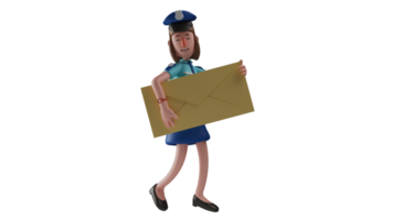 3d illustrazione. bellissimo polizia donna 3d cartone animato carattere. attraente poliziotta è a piedi mentre trasporto un' grande Marrone Busta. poliziotta sorrisi felicemente fare sua lavoro. 3d cartone animato personaggio png