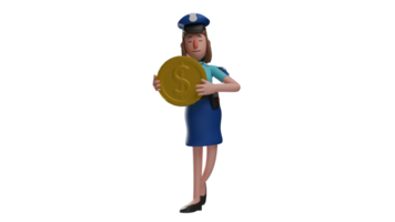 3D illustration. Successful policewoman 3D Cartoon Character. Policewoman holding gold coins resulting from her hard work. Rich police showed a sweet smile and a happy expression. 3D cartoon character png