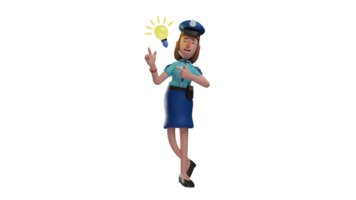 3D illustration. Smart Police Woman 3D Cartoon Character. The policewoman officer got a brilliant idea. Policewoman smiles happily with light bulb next to her. 3D cartoon character png