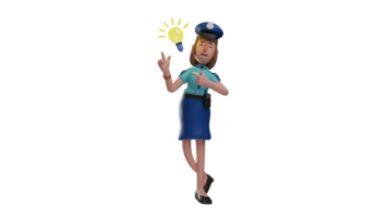 3d Illustration. Clever Polizei Frau 3d Karikatur Charakter. das die Polizistin Offizier habe ein brillant Idee. die Polizistin lächelt glücklich mit Licht Birne Nächster zu ihr. 3d Karikatur Charakter png