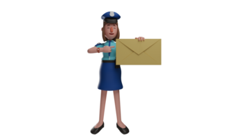 3d illustration. intelligent police femme 3d dessin animé personnage. police femme se tenait en haut tandis que pointu sur le enveloppe elle a été porter. police femme amené sa enquête résultat. 3d dessin animé personnage png