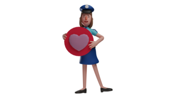 3d illustrazione. romantico poliziotta 3d cartone animato carattere. polizia donna trasporta un' cerchio con un' amore simbolo nel esso. bellissimo poliziotta sorrisi felicemente dopo ottenere un' regalo. 3d cartone animato personaggio png