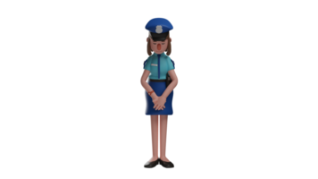 3d ilustração. submisso polícia mulher 3d desenho animado personagem. a policial ficou com dela cabeça abaixado. a polícia Policial sentido triste e sentido ela teve fez uma erro. 3d desenho animado personagem png