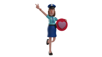 3d illustrazione. attraente polizia donna 3d cartone animato carattere. poliziotta detiene su un' cerchio con un' amore simbolo dentro. il poliziotta saltato su e sollevato uno mano. 3d cartone animato personaggio png