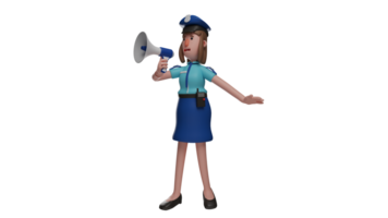 3d illustration. agile femme policier 3d dessin animé personnage. une femme policier est fabrication un annonce en utilisant une mégaphone. le femme policier officier qui montré une paniqué expression. 3d dessin animé personnage png