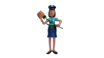 3d ilustração. adorável polícia mulher 3d desenho animado personagem. a policial carregado uma ampla rosa. a polícia mulher Policial sorriu Felizmente. polícia dentro azul uniformes. 3d desenho animado personagem png