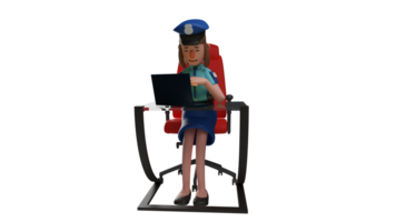 3d illustratie. Politie vrouw officier 3d tekenfilm karakter. mooi Politie is aan het doen haar baan Bij de werk bureau. slim politievrouw in voorkant van laptop en op zoek echt. 3d tekenfilm karakter png