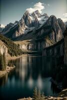 un montaña rango con un lago en el primer plano. ai generado foto