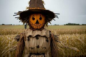 A Scarecrow Standing In A Field Of Corn. AI Generated photo