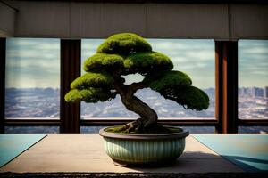 A Bonsai Tree In A Pot On A Table. AI Generated photo