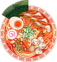 Ramen bowl japanese food noodles recipe top view with topping ingradient illustration. png