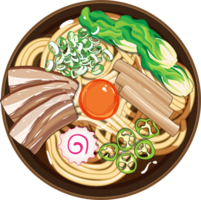 Ramen bowl japanese food noodles recipe top view with topping ingradient illustration. png