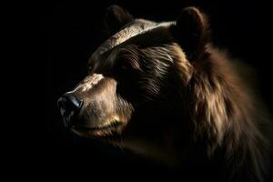 Close up of Brown bear in the dark black background with low light and high contrast. Created with generative AI technology photo