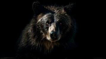 Close up of Brown bear in the dark black background with low light and high contrast. Generative AI photo