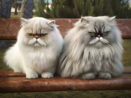 a couple of cute siberian cat sitting on a bench in the garden. Persian cat relax on a wooden chair in the city park. Generative AI photo. photo