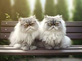 a couple of cute siberian cat sitting on a bench in the garden. Persian cat relax on a wooden chair in the city park. Generative AI photo. photo