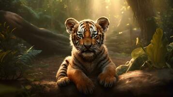 Cute Little Tiger cubs relax in the jungle in the morning of sunny day with bright sun light. Generative AI photo