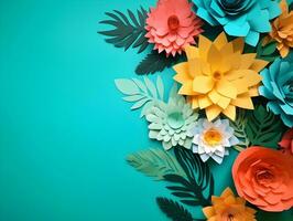 Top view of colorful paper cut flowers with green leaves on green background with copy space. Generative AI Image. photo